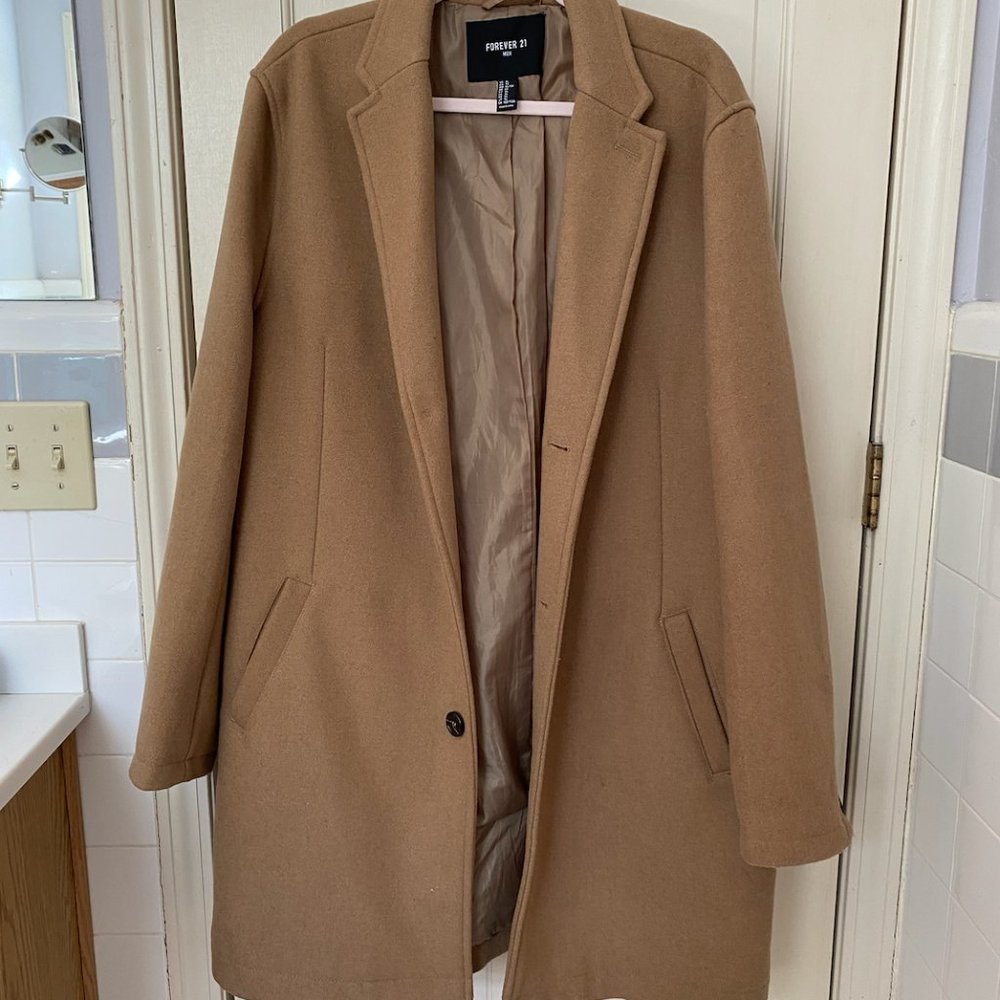 Forever 21 Winter Trench Coat Mens Long Sleeve Button Up Tan